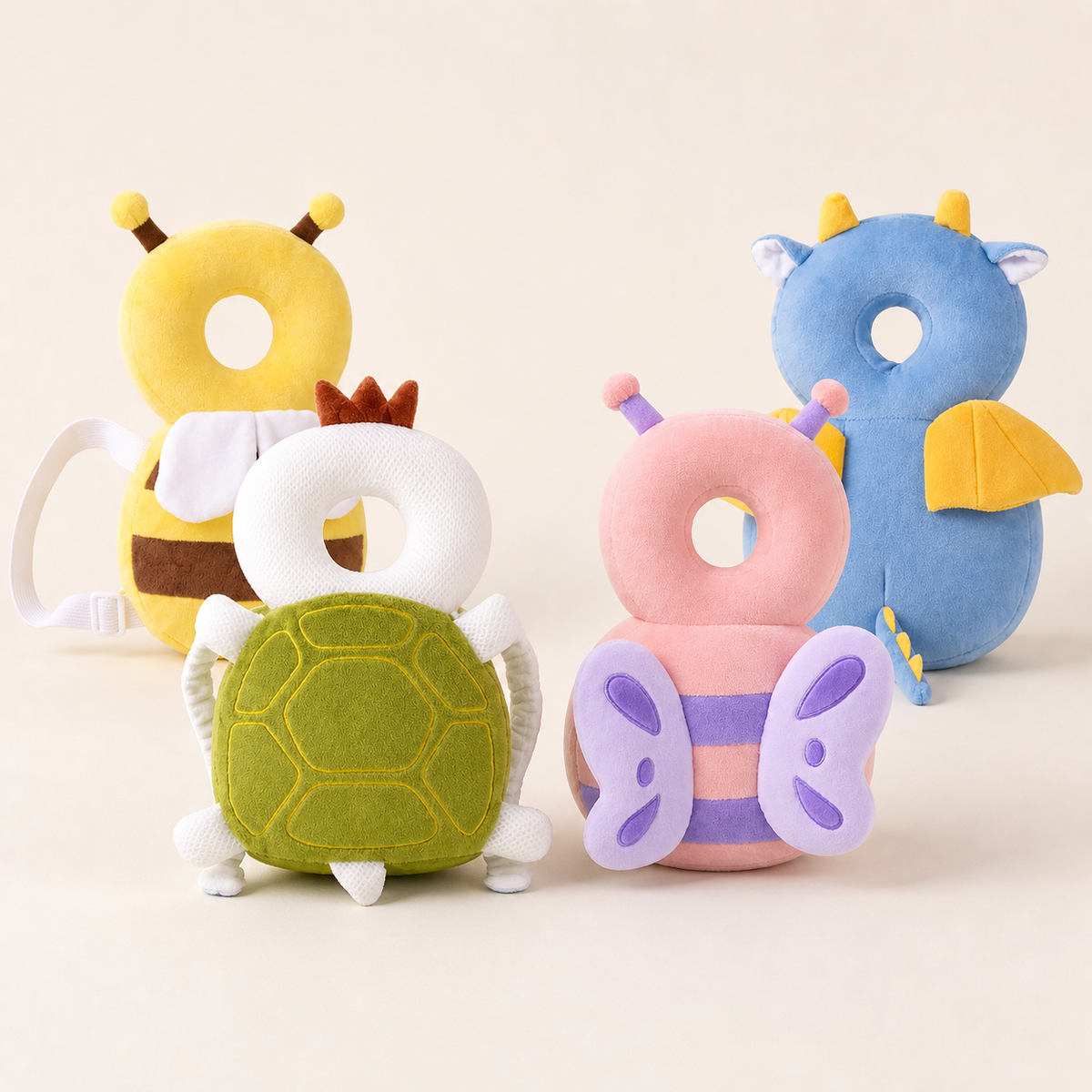 Four padded cushion backpack styles: butterfly, turtle, bee, and dragon
